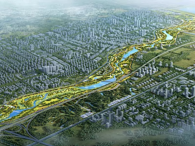 Breathtaking Aerial Scenery Of Urban Riverfront Green Belt Surrounded By Extensive Dense Modern City Buildings 3d model