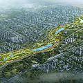 Breathtaking Aerial Scenery Of Urban Riverfront Green Belt Surrounded By Extensive Dense Modern City Buildings
