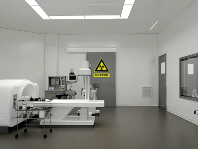 Medical Radiology Room With CT Scanner White Walls And Radioactive Warning Sign 3d model