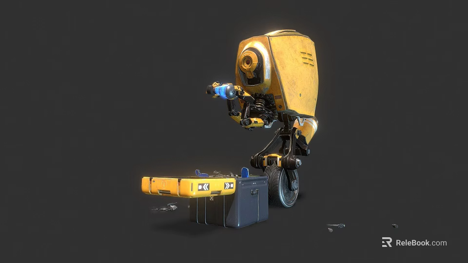 High Tech Weapon Equipped On Yellow Robot With Mechanical Arm Toolbox And Battery In Dark Background 3d model 
