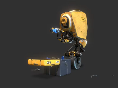 High Tech Weapon Equipped On Yellow Robot With Mechanical Arm Toolbox And Battery In Dark Background 3d model