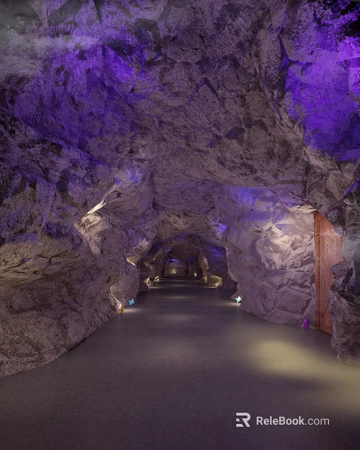 Cave Inspired Elevator Hallway with Rock Walls Purple White Lighting Dark Floor and End Door 3d model 