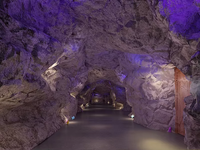 Cave Inspired Elevator Hallway with Rock Walls Purple White Lighting Dark Floor and End Door 3d model