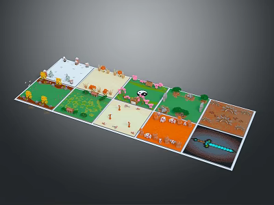 Pixel Style Scene Construction With Snowy Grassland Desert Zones And Panda Tree Elements 3d model