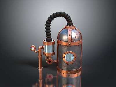 Vintage Steampunk Device With Copper Construction Glass Viewing Window Pressure Gauge And Flexible Hose 3d model