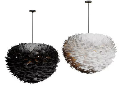 Two Modern Black and White Feather Spherical Chandeliers for Home Decor 3d model