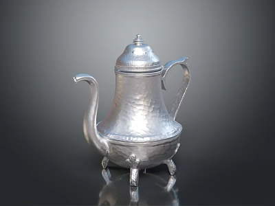Silver Hammered Teapot With Lid Handle Spout And Three Legged Base 3d model