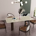 Modern Dining Table Set With Marble Tabletop Chairs Green Plants And Spherical Pendant Lights