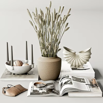 Decorative Ornament Set with Dried Flowers Vase Shell Shaped Decor Candles and Books 3d model