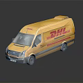 Yellow DHL Delivery Van With Red Logo On Reflective Surface