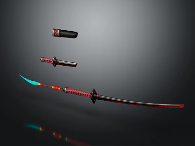 Katana Weapon Featuring Red Black Handle Glowing Blade And Decorative Sheath Design 3d model