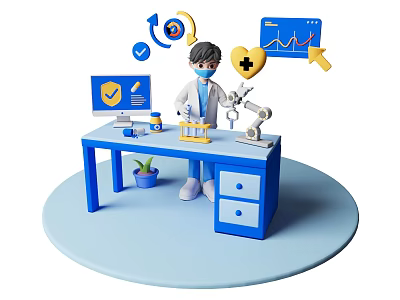Medical Professional Working in Laboratory Scene With Test Tubes Computer Potted Plant and Medical Icons 3d model