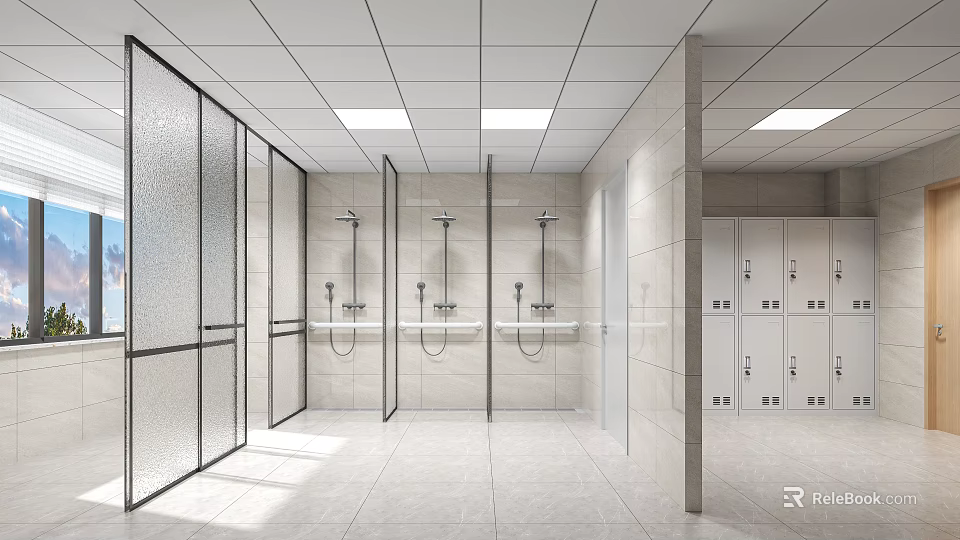 Other Restroom Interior With Tile Walls Showers Partitions And Lockers 3d model 