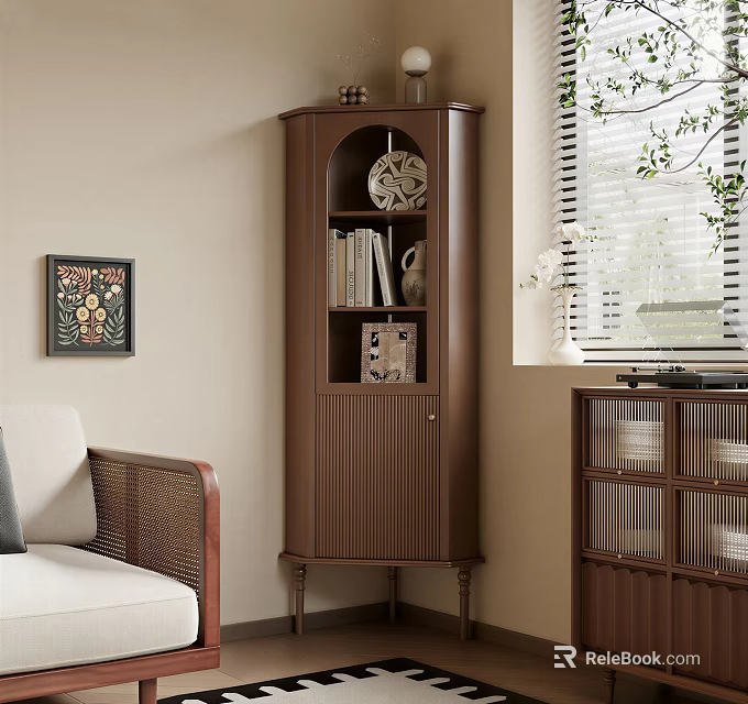 Brown Corner Cabinet With Glass Door Books And Decorations In Living Room With Sofa 3d model 