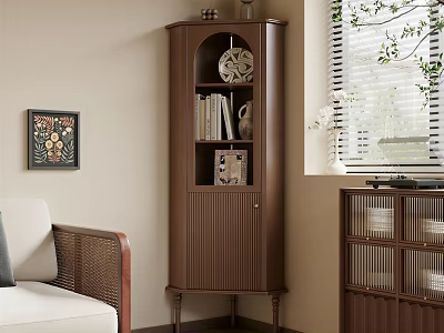 Brown Corner Cabinet With Glass Door Books And Decorations In Living Room With Sofa 3d model