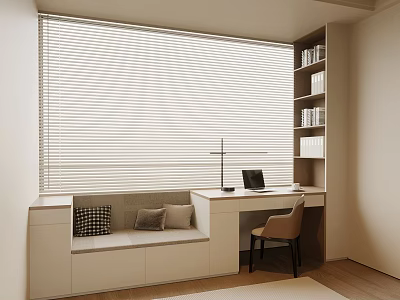 Modern Bay Window with Cushions and Desk Featuring Laptop Lamp and Bookshelf 3d model