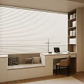 Modern Bay Window with Cushions and Desk Featuring Laptop Lamp and Bookshelf