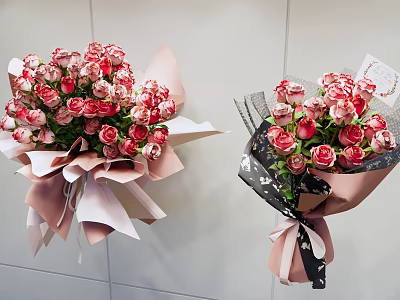 Decorative Ornament Set With Pink Red Roses And Pink Black Wrapping Floral Arrangement 3d model