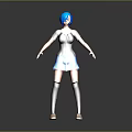 3D Game and Movie Character with Blue Hair Gray Top Blue Skirt and Black Socks