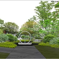 Garden Landscape Design With White Brick Wall And Lush Green Trees