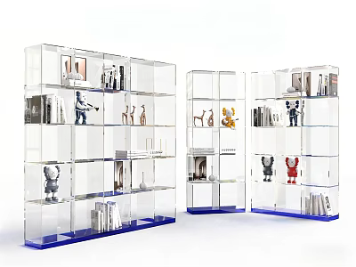 Transparent Lockers with Multiple Compartments Displaying Small Objects and Books on Blue Base 3d model