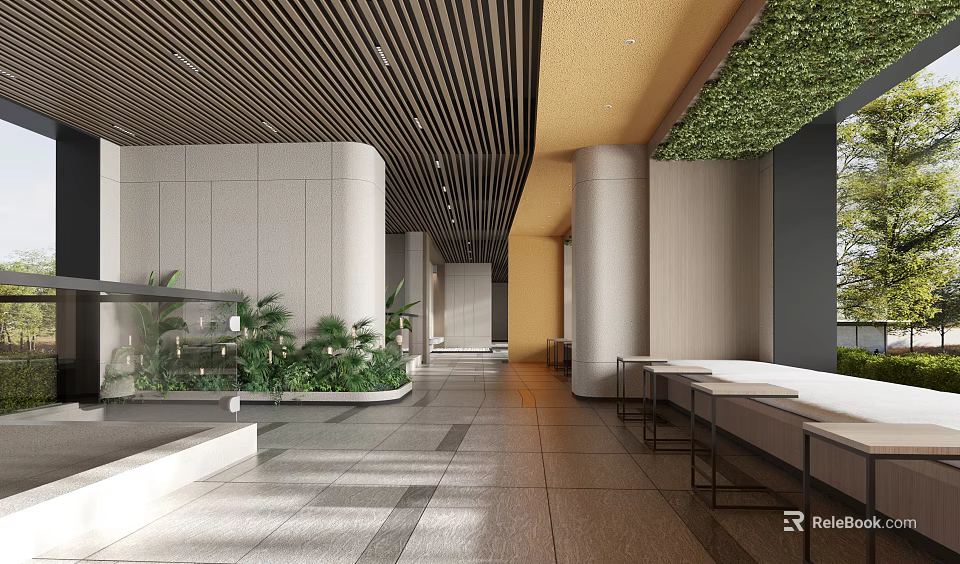 Modern Lobby Interior With Wooden Slat Ceiling Yellow Accent Wall And Green Plants 3d model 