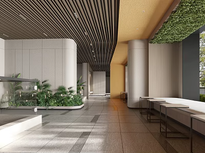 Modern Lobby Interior With Wooden Slat Ceiling Yellow Accent Wall And Green Plants 3d model