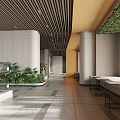 Modern Lobby Interior With Wooden Slat Ceiling Yellow Accent Wall And Green Plants