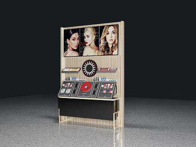 Mall Store Modern Display Stand With Model Photos and Cosmetics Products on Layered Shelves 3d model