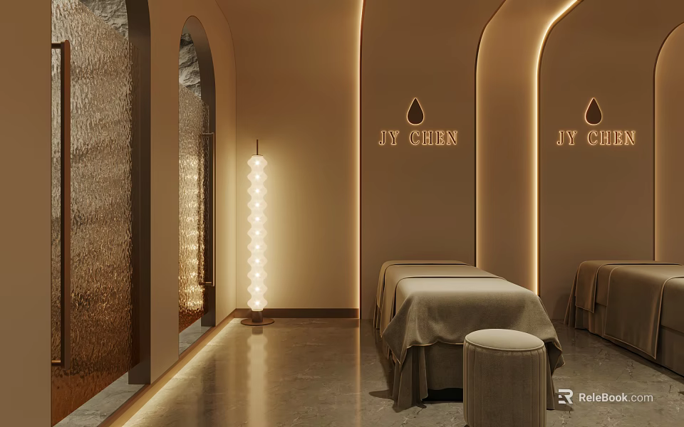 Serene SPA Sauna Interior Design With Curved Walls Ambient Lighting And Treatment Tables 3d model 