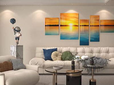 Sofa Background Wall With Sunset Ocean Paintings Above White Sofa Throw Pillows Astronaut Figurine 3d model
