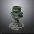 Two Tiered Stone Fountain With Green Upper Basin And Octagonal Carved Base