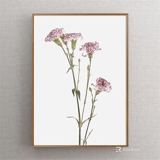 Framed Botanical Art Painting With Pink Carnations Stems And Leaves On Light Background 3d model 