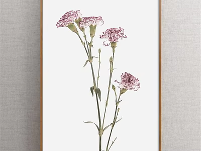Framed Botanical Art Painting With Pink Carnations Stems And Leaves On Light Background 3d model