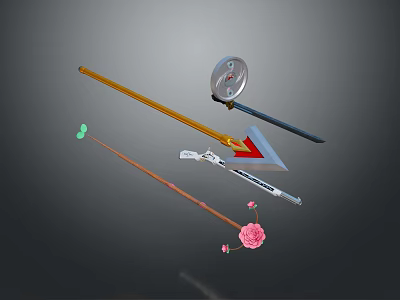 Various Decorative Weapons Featuring Spear Staff Arrow Round Design And Flower Accents 3d model
