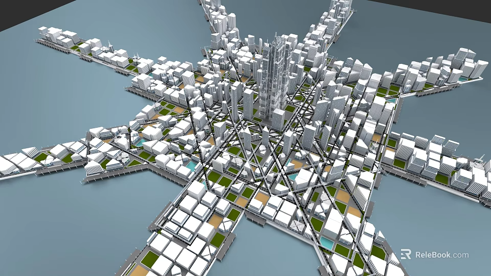 Star Shaped Urban Architectural Complex With Central Skyscrapers And Surrounding Low Rise Buildings 3d model 