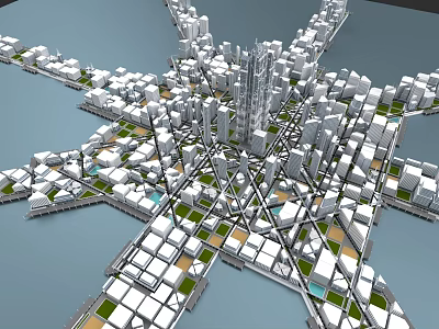 Star Shaped Urban Architectural Complex With Central Skyscrapers And Surrounding Low Rise Buildings 3d model