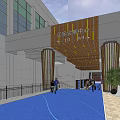 Luxurious Commercial Storefront With Golden Pillars Logo Blue Carpet And Red Signs