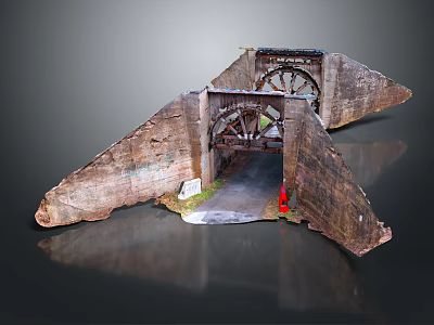 Ancient Stone Watergate Structure With Double Arches Wooden Wheels And Access Pathway 3d model