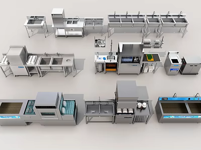 Stainless Steel Commercial Kitchen Equipment Including Sinks Worktables Dishwashers And Sterilizers 3d model