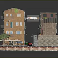 Miniature Model Scene With Colorful Multi Story Buildings Red Car Outdoor Tables And Tree