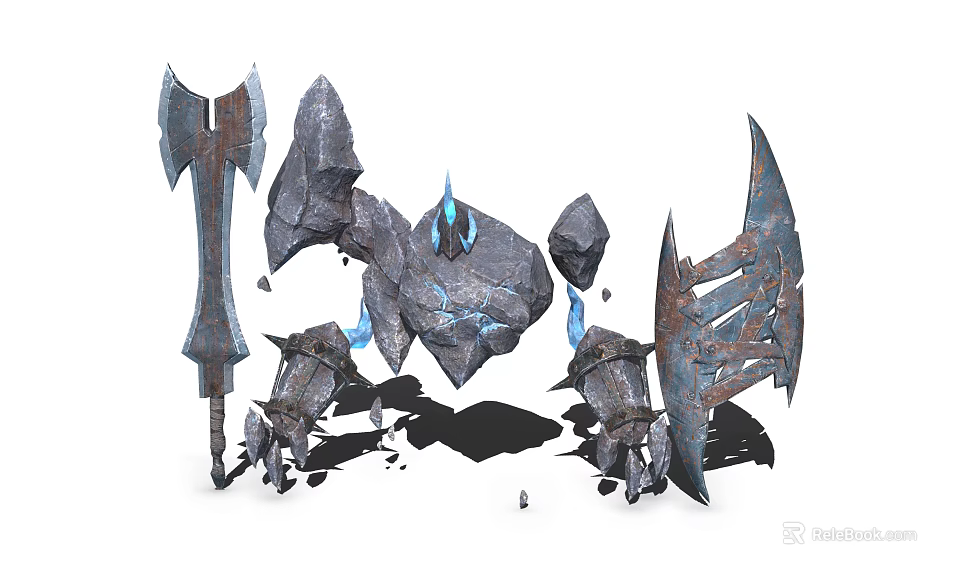 Game Movie Character Stone Armor And Weapon Set With Blue Glowing Details 3d model 