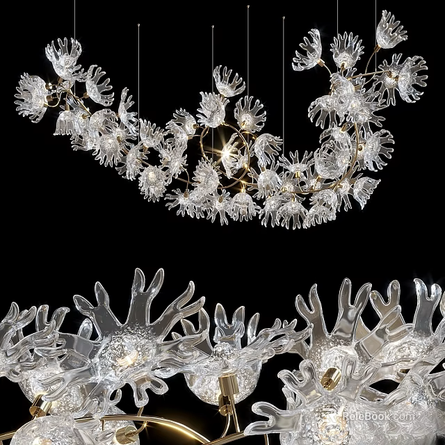 Elegant Modern Crystal Chandelier With Transparent Floral Petals And Gold Accents 3d model 