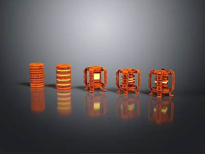 Orange Mechanical Structure Models With Different Designs On Gray Background And Reflections 3d model