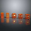 Orange Mechanical Structure Models With Different Designs On Gray Background And Reflections