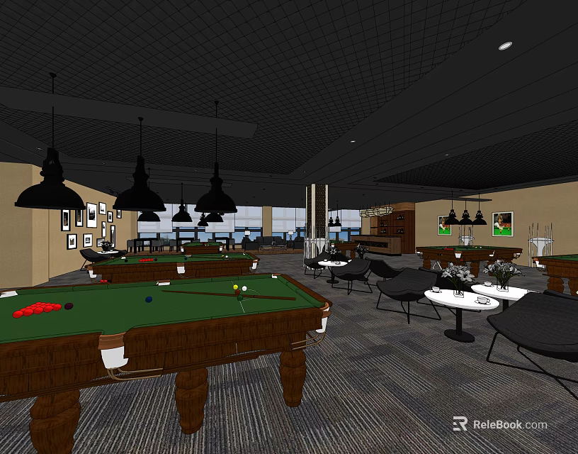 Spacious Billiard Room With Wooden Pool Tables Hanging Lights And Comfortable Seating 3d model 