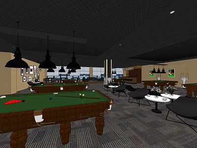 Spacious Billiard Room With Wooden Pool Tables Hanging Lights And Comfortable Seating 3d model