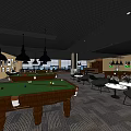 Spacious Billiard Room With Wooden Pool Tables Hanging Lights And Comfortable Seating