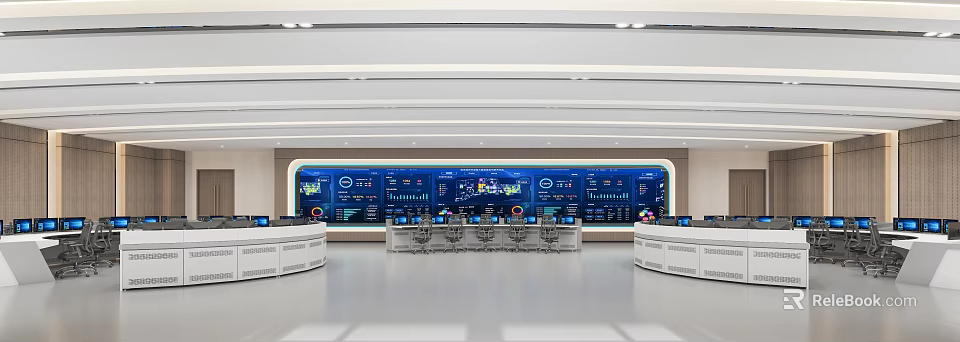Modern Control Room With Multiple Monitors Data Monitoring And Operator Consoles 3d model 