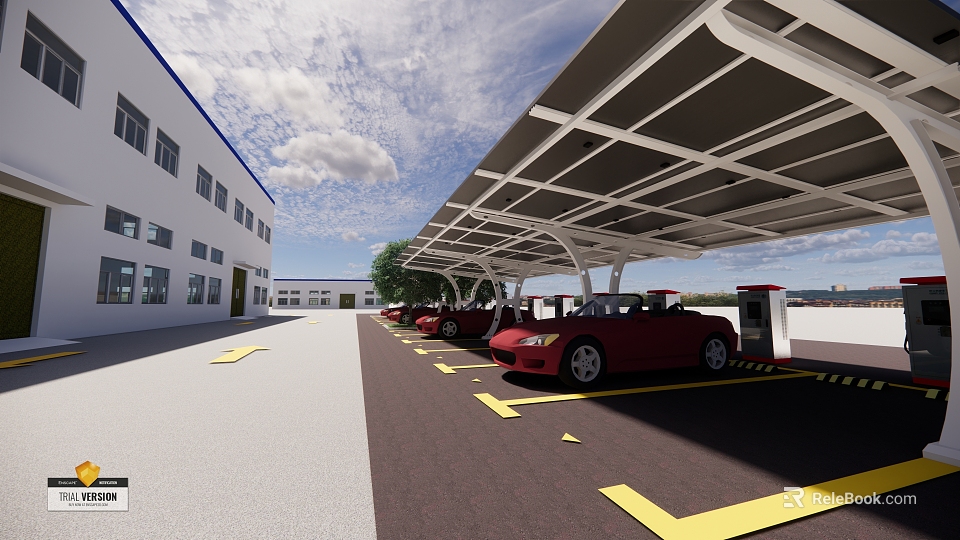 Industrial Factory Exterior With Covered Parking And Electric Vehicle Charging Stations For Parked Cars 3d model 